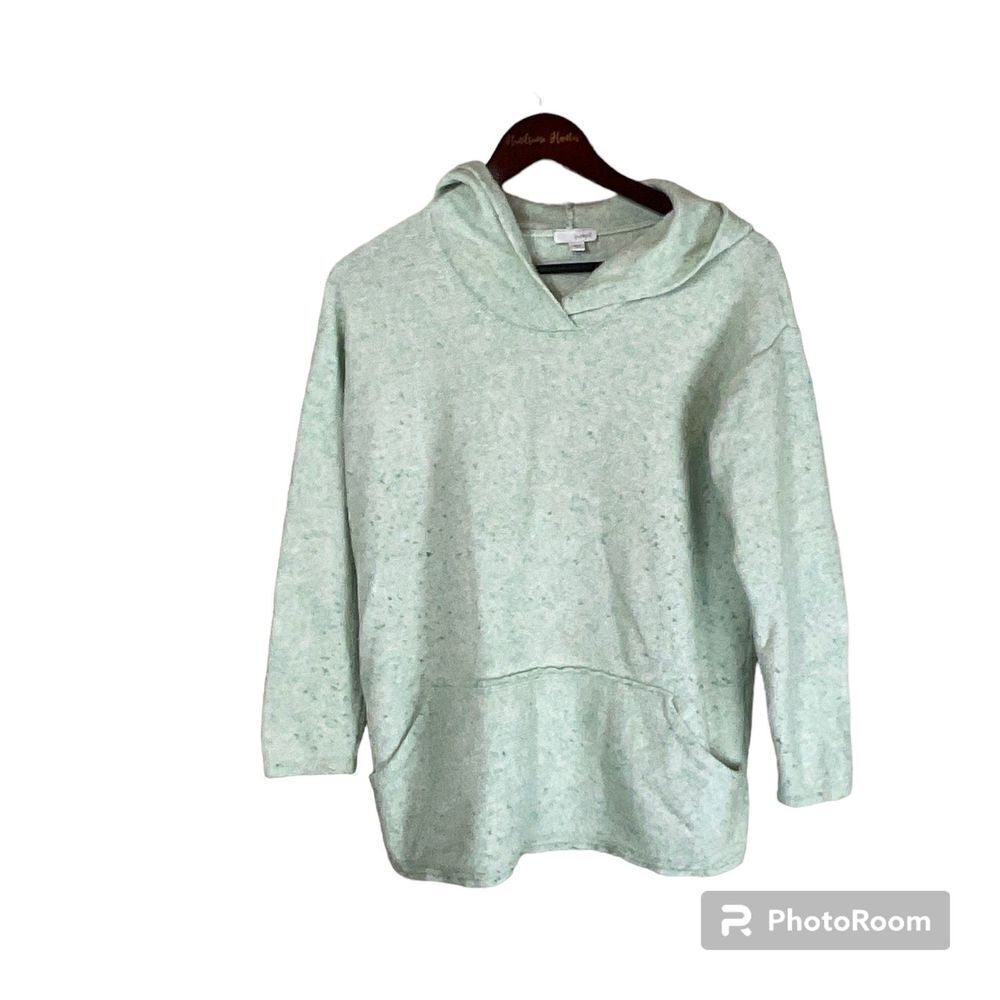 Pure Jill Women Sweater Sz M Green Speckled Wool Blend Hooded Pocket Long Sleeve